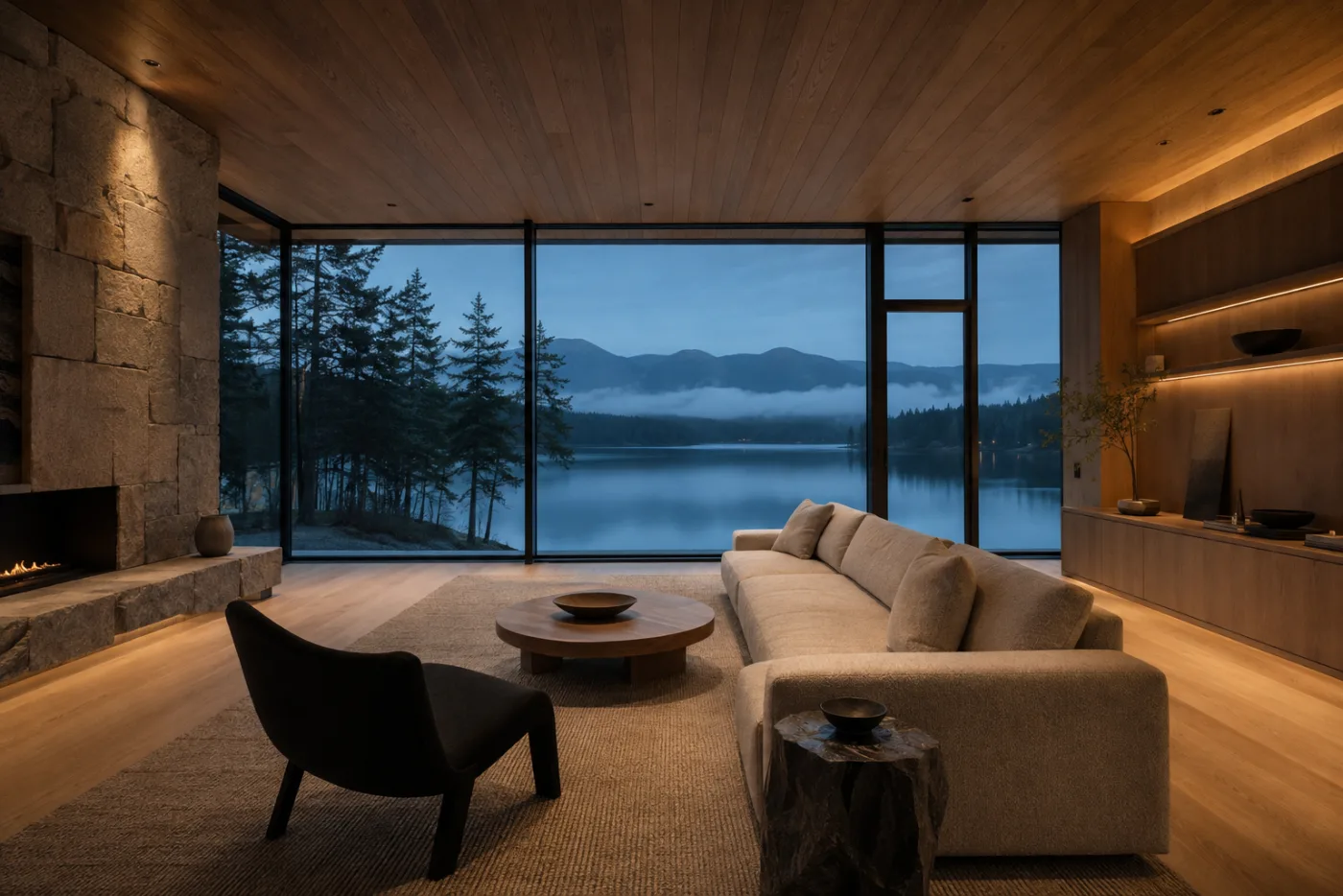 Интерьер Lake House: натуральное дерево, светлая мебель и панорамный вид на озеро